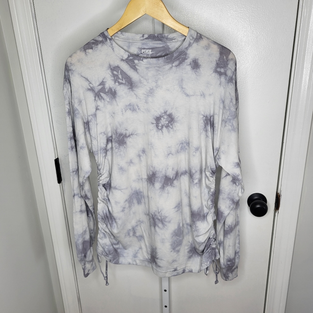 Victoria's Secret Pink Campus Crew Tee Long Sleeve Tie Dye Ruched Drawstring